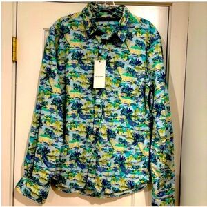 On The Road NEW button front shirt blue mens tropical sailboats palm trees M
